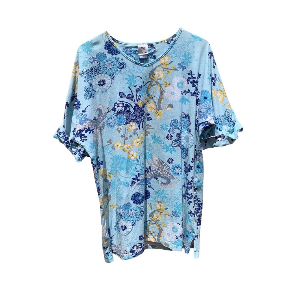 Natori Womens Blue Floral Cotton Blend Oversized Lounge Nightgown size Small